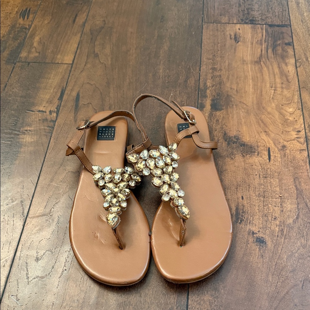 White House Black Market Brown Jeweled T-Strap Sandals